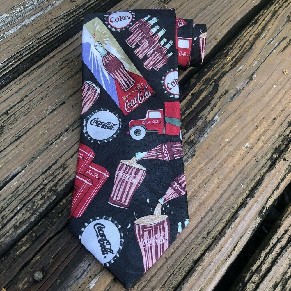 Coca Cola Logo Tie Mens Black Red Coke Bottles Truck Vintage 80s 90s Polyester